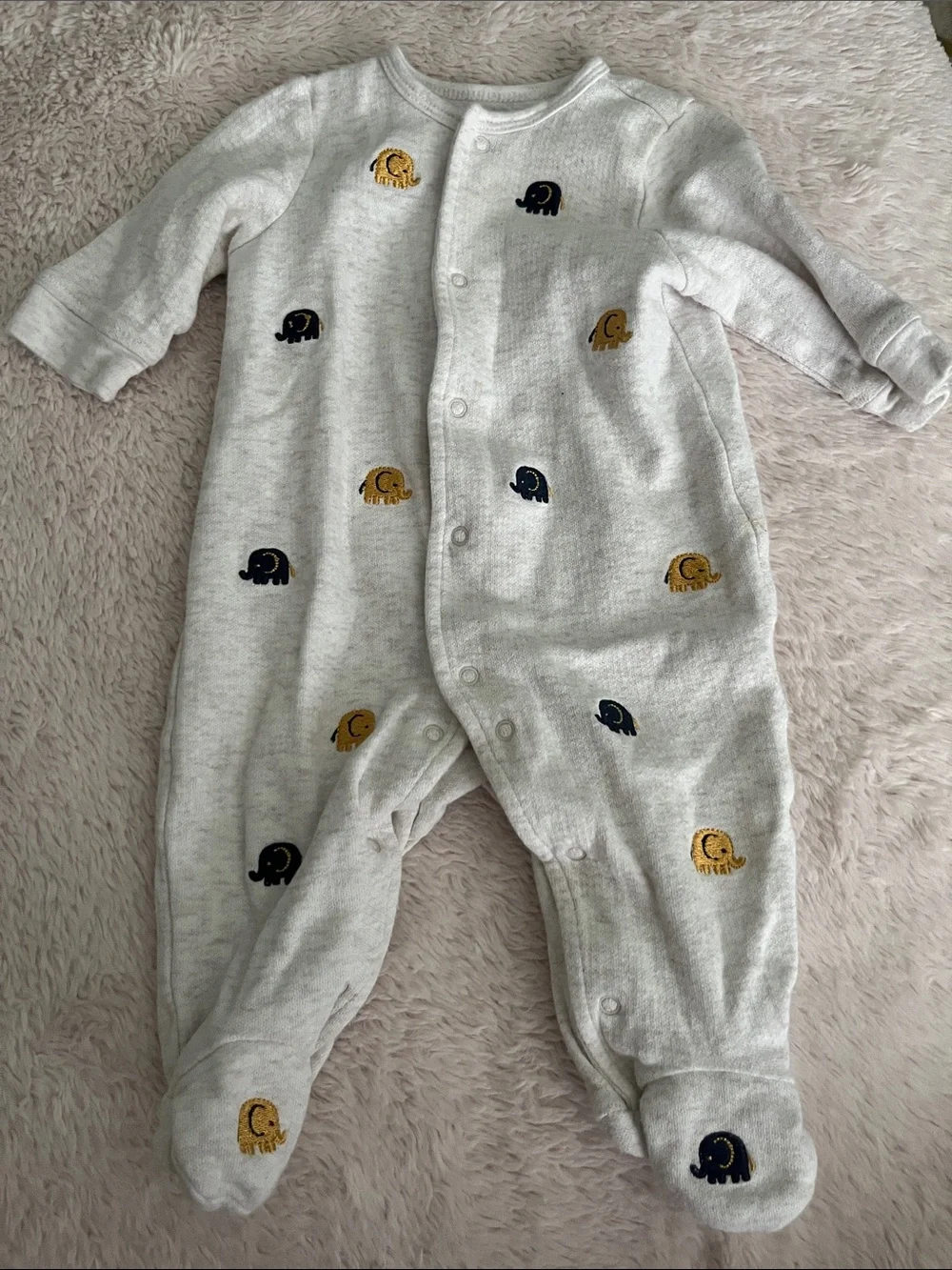 Little Me Gray Footed One-Piece with Navy & Mustard Elephant Motif